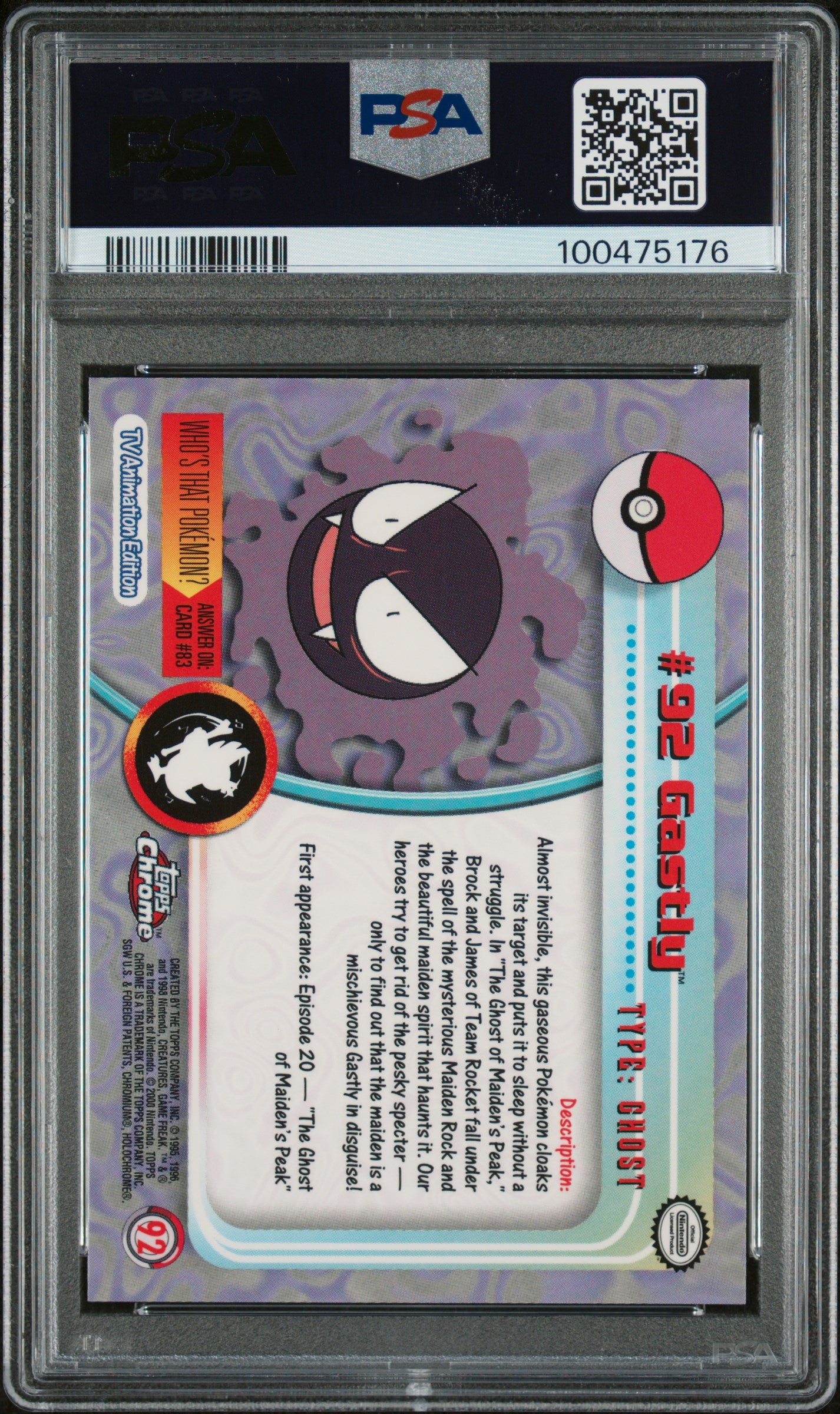 PSA 10 2000 GASTLY 92 TOPPS CHROME T.V.