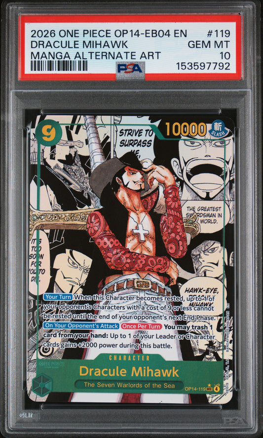 PSA 10 2026 DRACULE MIHAWK 119 ONE PIECE OP14-EB04-THE AZURE SEA'S SEVEN