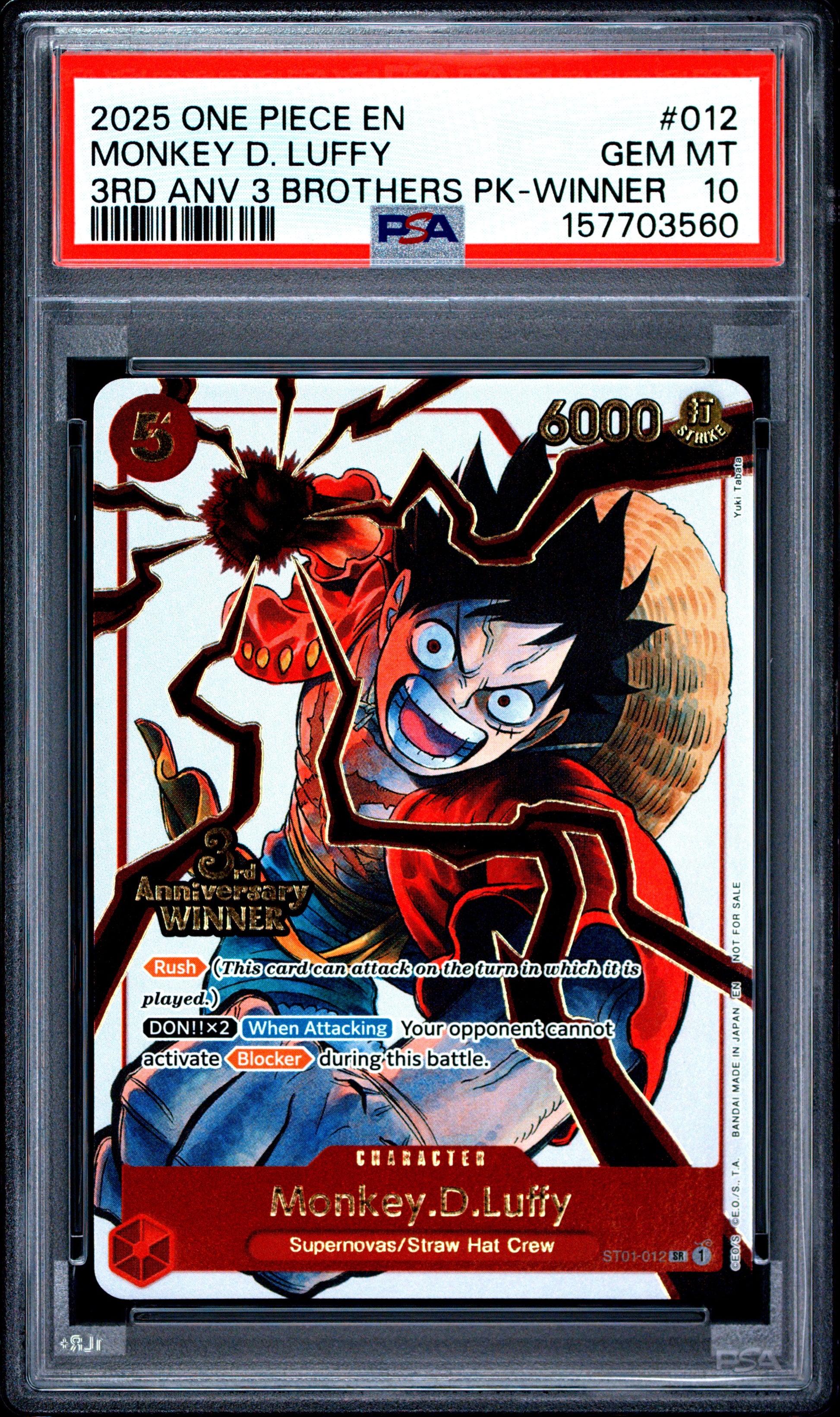 PSA 10 2025 MONKEY D. LUFFY 012 ONE PIECE 3RD ANNIVERSARY 3 BROTHERS PACK