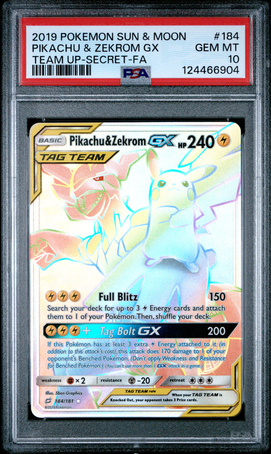PSA 10 2019 PIKACHU & ZEKROM GX 184 TEAM UP