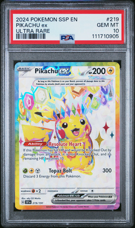 PSA 10 2024 PIKACHU EX 219 SSP EN SURGING SPARKS