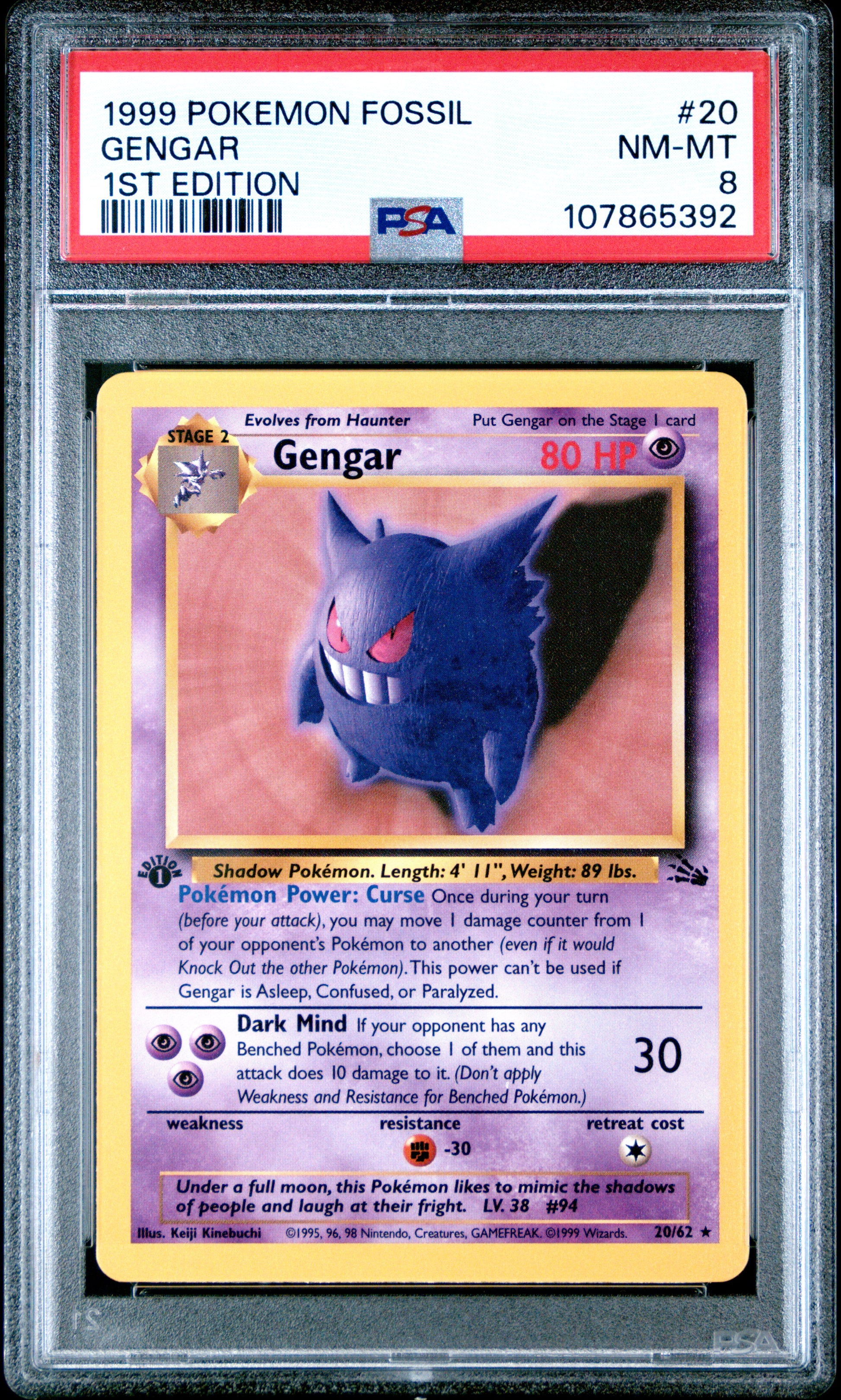 PSA 8 1999 GENGAR 20/62 FOSSIL