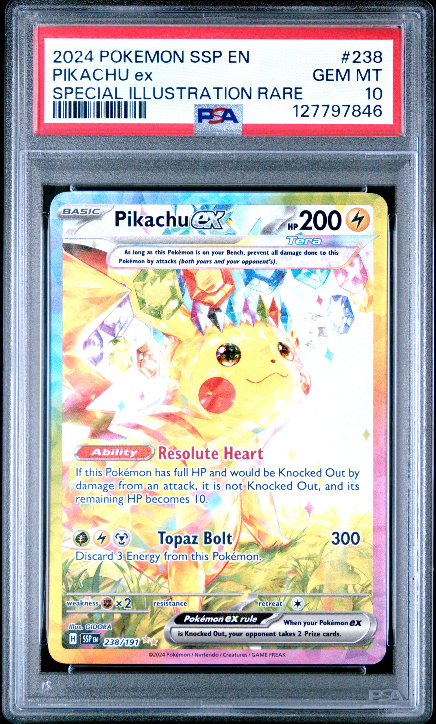 PSA 10 2024 PIKACHU EX 238 SSP EN SURGING SPARKS