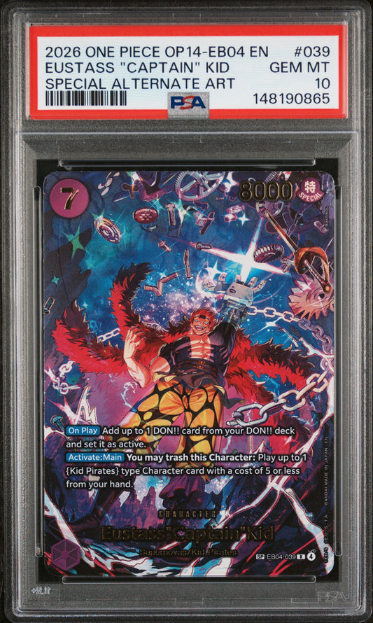 PSA 10 2026 EUSTASS "CAPTAIN" KID 039 ONE PIECE OP14-EB04-THE AZURE SEA'S SEVEN