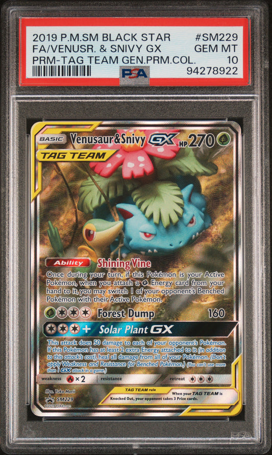 PSA 10 2019 VENUSAUR & SNIVY GX SM229 SM BLACK STAR PROMO