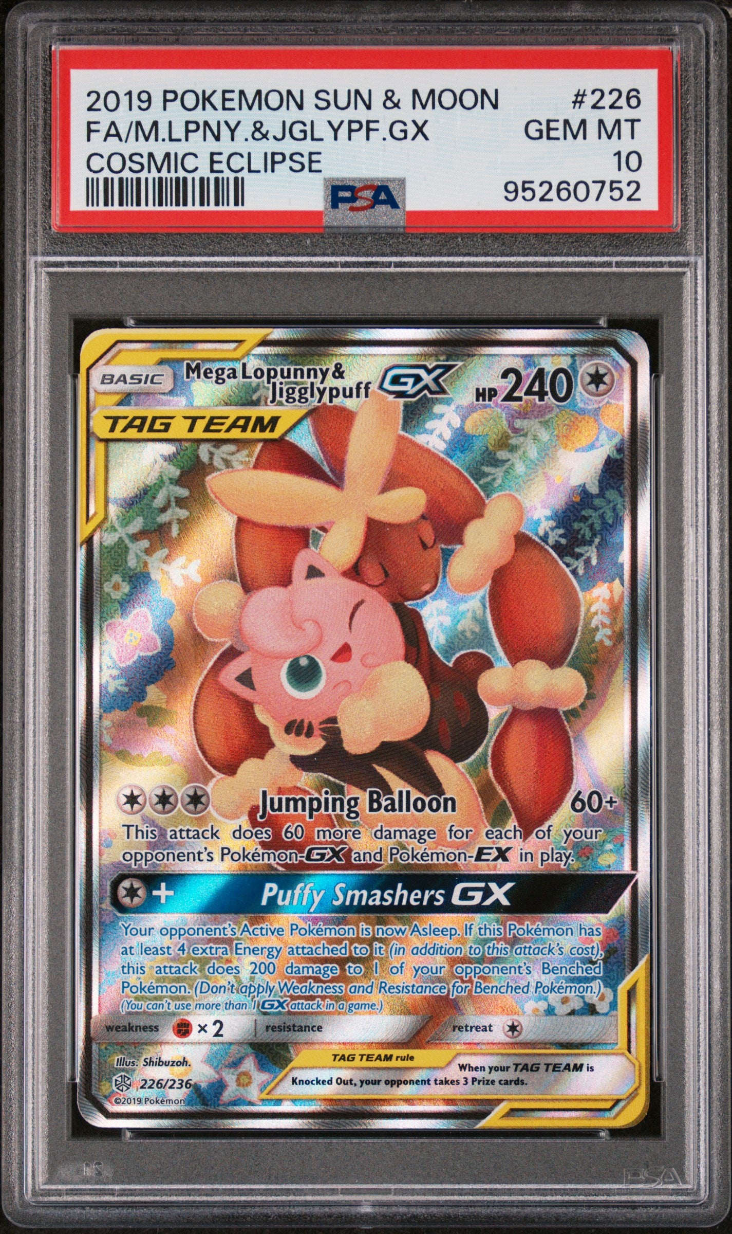PSA 10 2019 MEGA LOPUNNY & JIGGLYPUFF GX 226 COSMIC ECLIPSE
