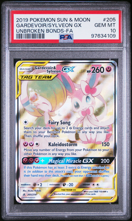 PSA 10 2019 GARDEVOIR & SYLVEON GX 205 UNBROKEN BONDS
