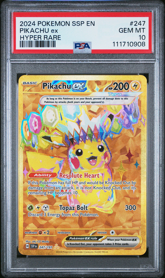 PSA 10 2024 PIKACHU EX 247 SSP EN SURGING SPARKS