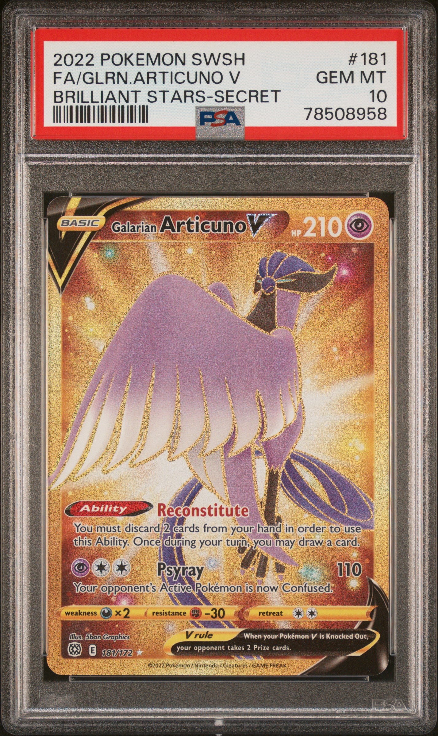PSA 10 2022 GALARIAN ARTICUNO V 181 BRILLIANT STARS