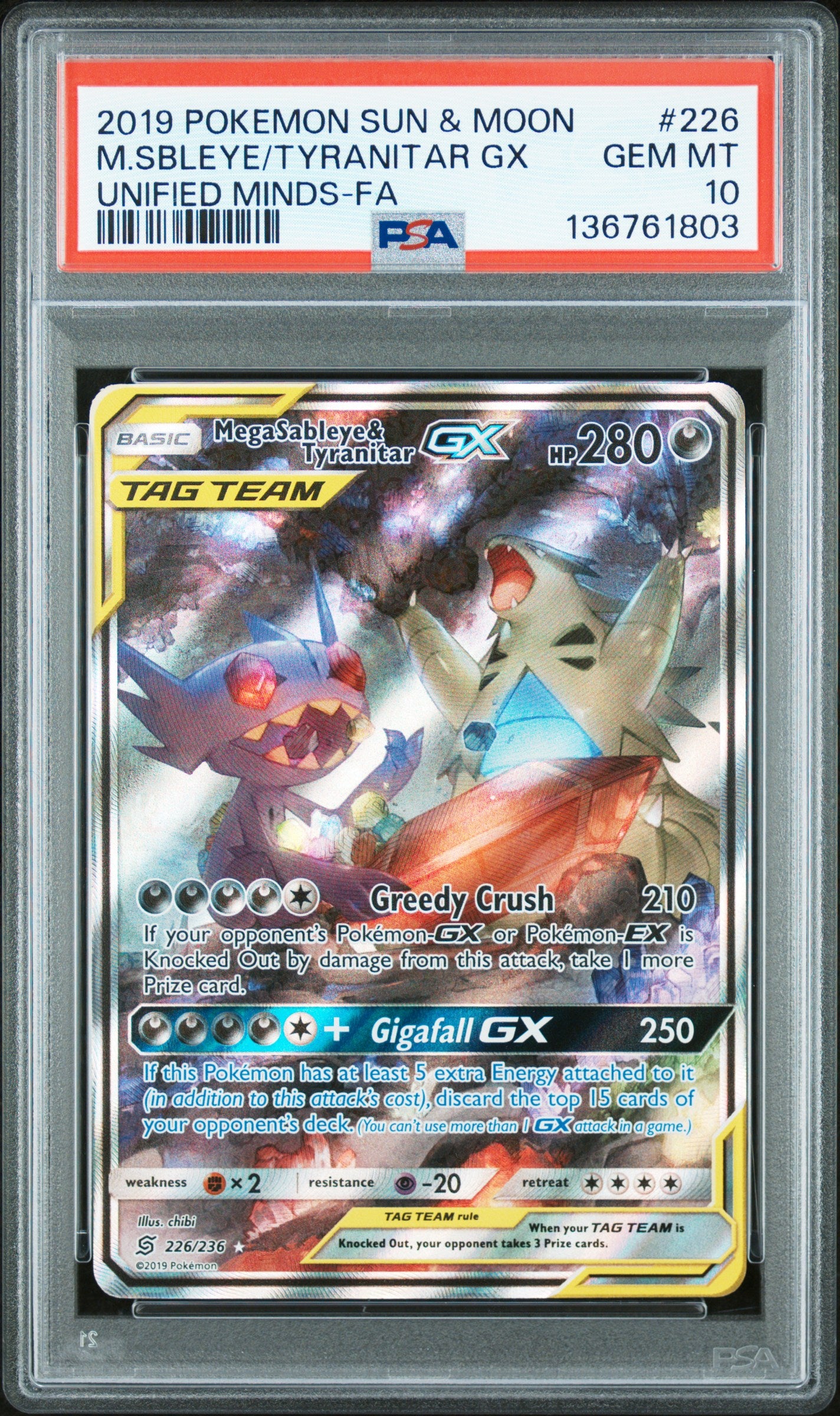 PSA 10 2019 MEGA SABLEYE & TYRANITAR GX 226 UNIFIED MINDS