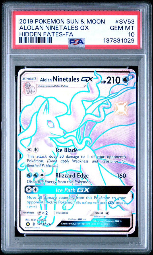 PSA 10 2019 ALOLAN NINETALES GX SV53 HIDDEN FATES