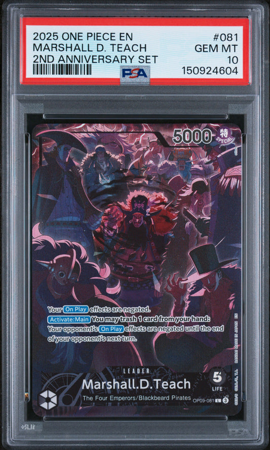 PSA 10 2025 MARSHALL D. TEACH 081 ONE PIECE ENGLISH VERSION 2ND ANNIVERSARY SET